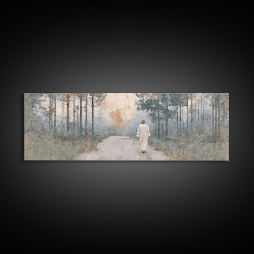 Silent Morning Path, Framed Canvas Print, Panoramic Print, Christian Wall Art, Jesus Art Canvas, Christian Art, Christmas Wall Art