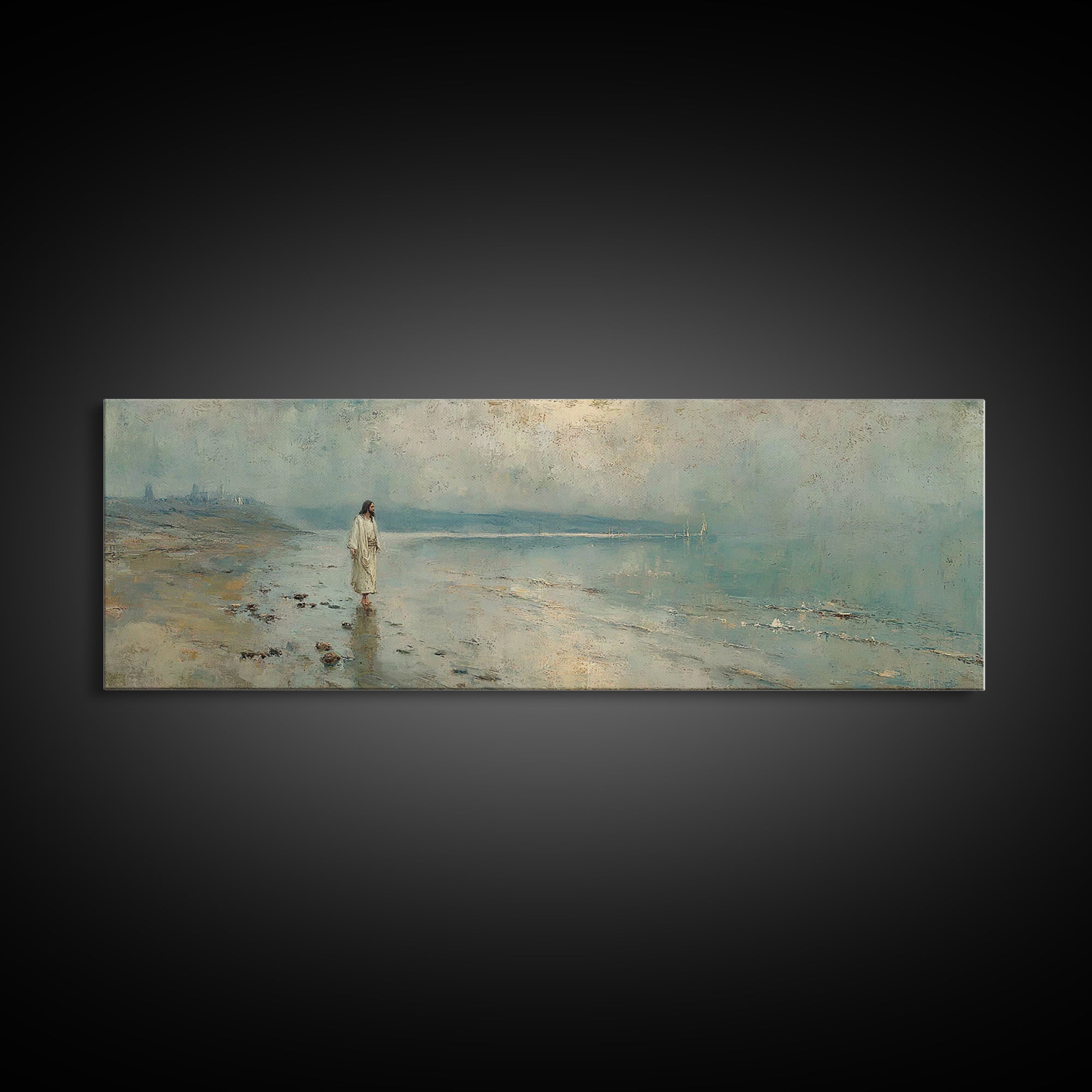 Shoreline Of Mercy, Framed Canvas Print, Christian Wall Art, Jesus Painting, Panoramic Wall Art, Christian Art Canvas, Christmas Art
