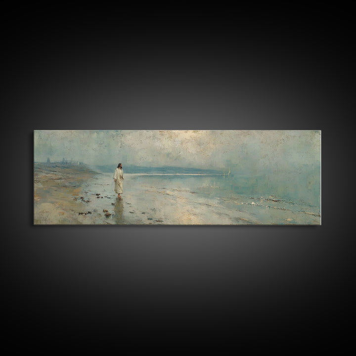 Shoreline Of Mercy, Framed Canvas Print, Christian Wall Art, Jesus Painting, Panoramic Wall Art, Christian Art Canvas, Christmas Art