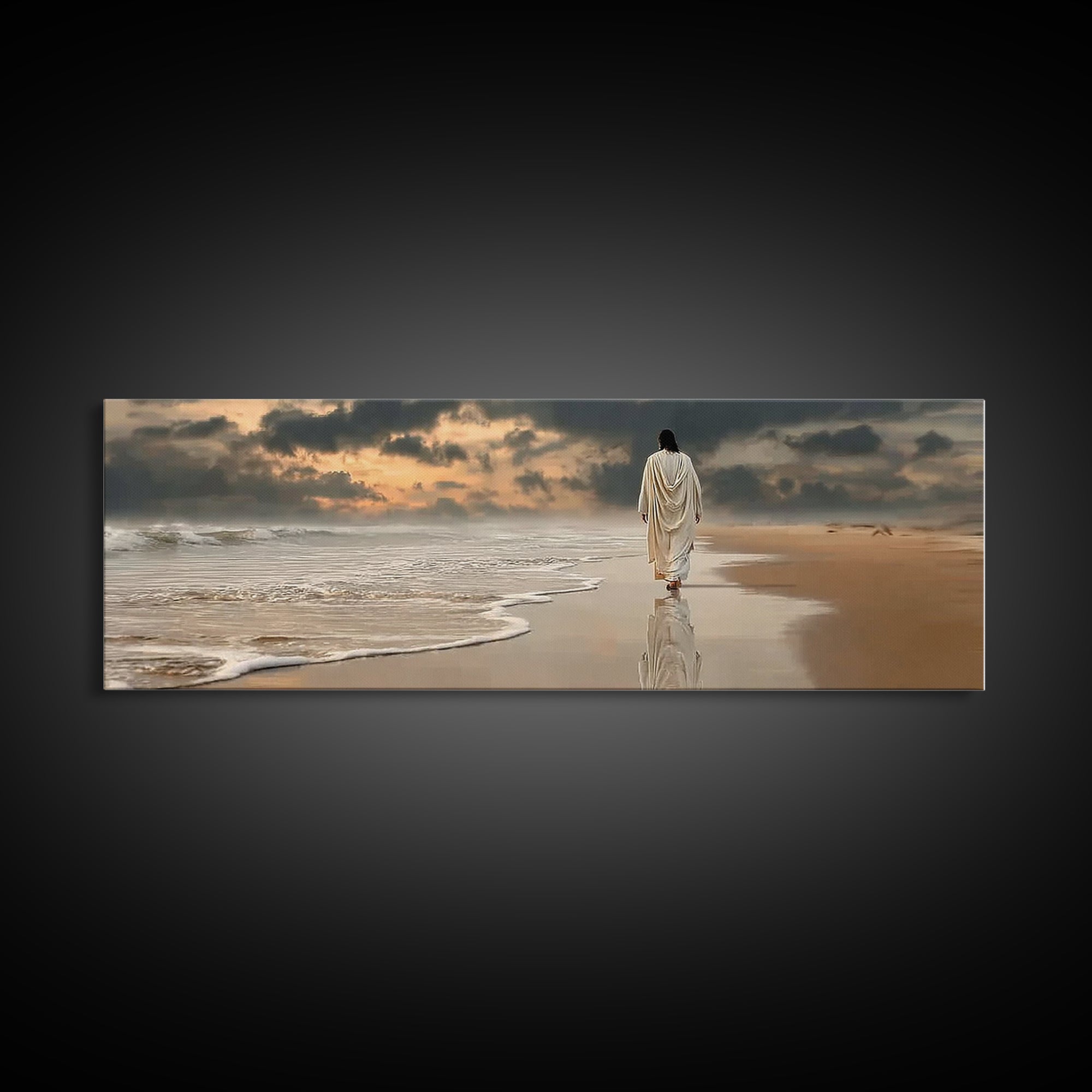 Twilight Footsteps, Framed Canvas Print, Christian Wall Art, Panoramic Painting, Jesus Painting, Christian Art Canvas, Christmas Art