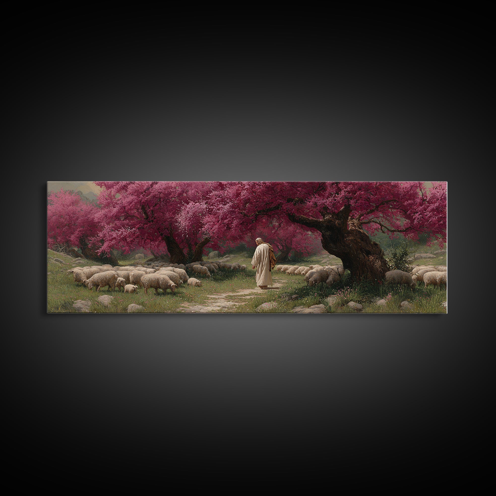 Crimson Shepherd Path – Framed Canvas Print – Panoramic Frame – Jesus Painting – Christian Art Canvas – Christian Wall Art – Christmas Art