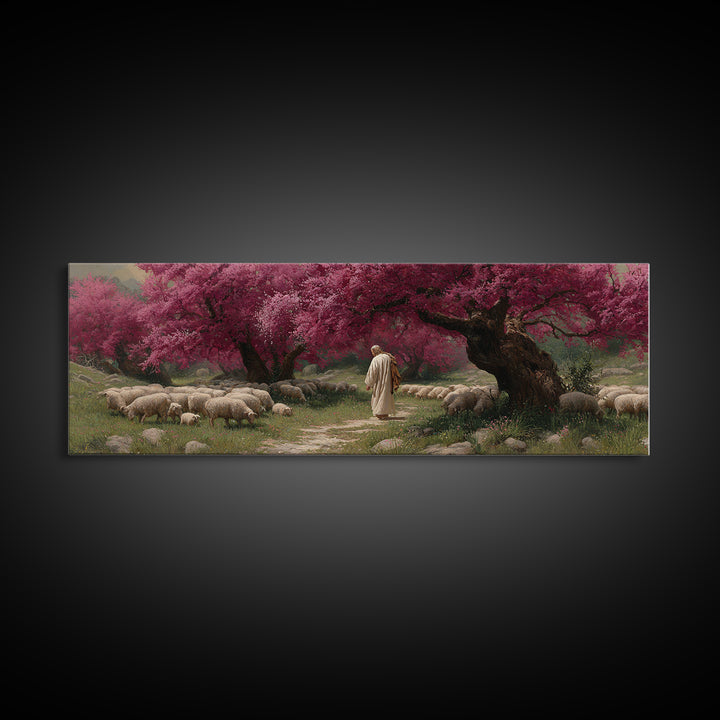 Crimson Shepherd Path – Framed Canvas Print – Panoramic Frame – Jesus Painting – Christian Art Canvas – Christian Wall Art – Christmas Art