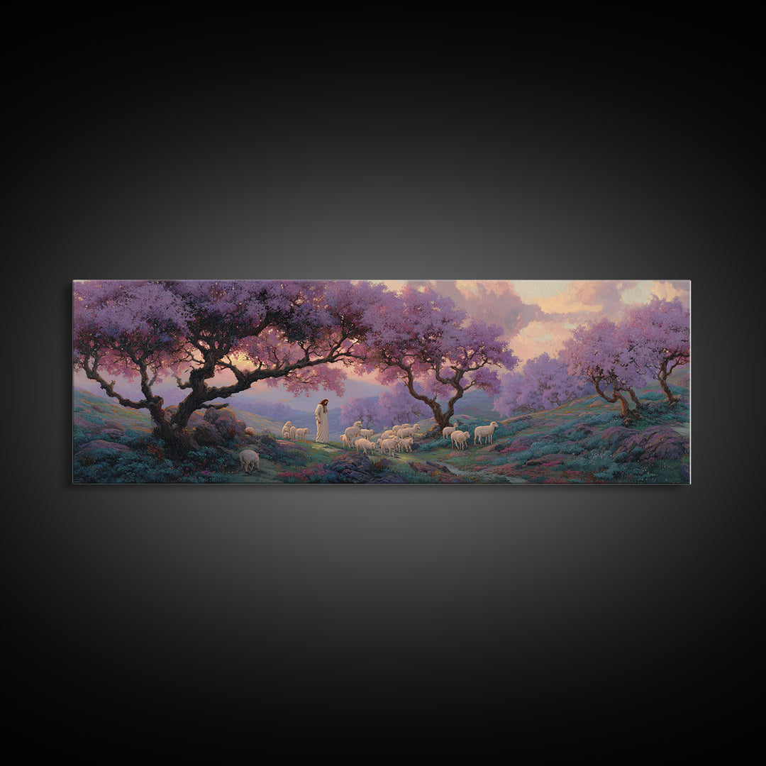Lavender Hill Shepherd – Framed Canvas Print – Panoramic Painting – Christian Art Canvas – Jesus Painting – Christian Wall Art – Christmas