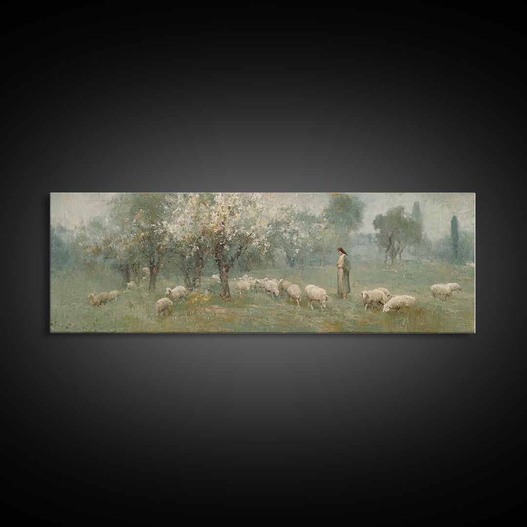 Shepherd’s Meadow Peace – Framed Canvas Print – Panoramic Art – Christian Art Canvas – Jesus Painting – Christian Wall Art – Christmas Art