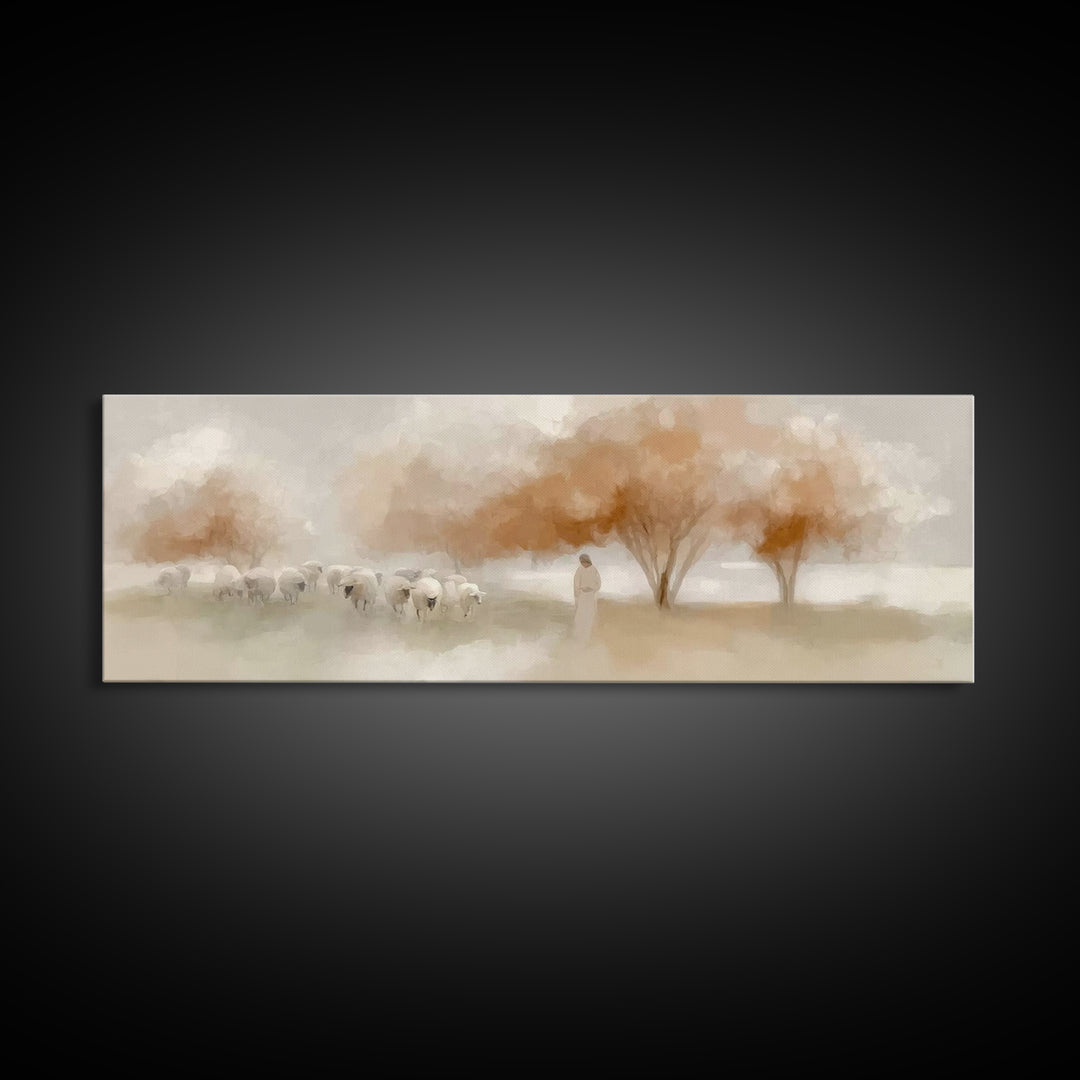 The Peaceful Shepherd, Framed Canvas Print, Christian Wall Art, Jesus Painting, Panoramic Art, Christian Art Canvas, Christmas Art