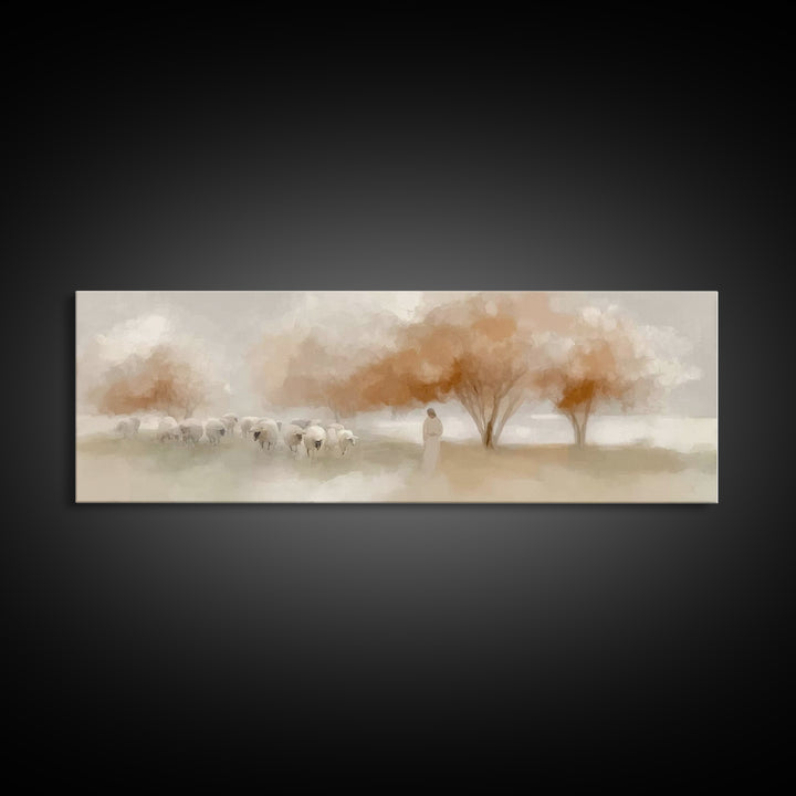 The Peaceful Shepherd, Framed Canvas Print, Christian Wall Art, Jesus Painting, Panoramic Art, Christian Art Canvas, Christmas Art