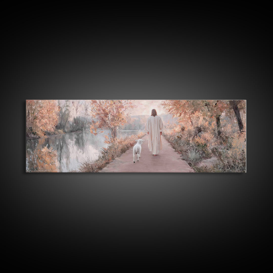 Autumn Path Mercy | Framed Canvas Print | Christian Art Print | Jesus Painting | Panoramic Painting | Christian Christmas Art | Christian D