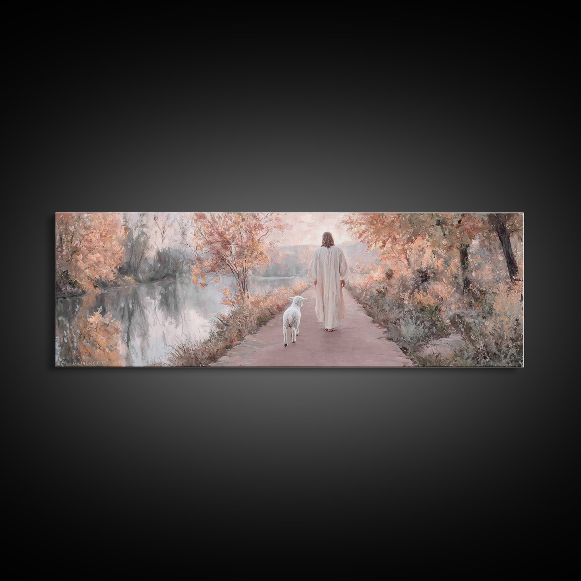 Autumn Path Mercy | Framed Canvas Print | Christian Art Print | Jesus Painting | Panoramic Painting | Christian Christmas Art | Christian D