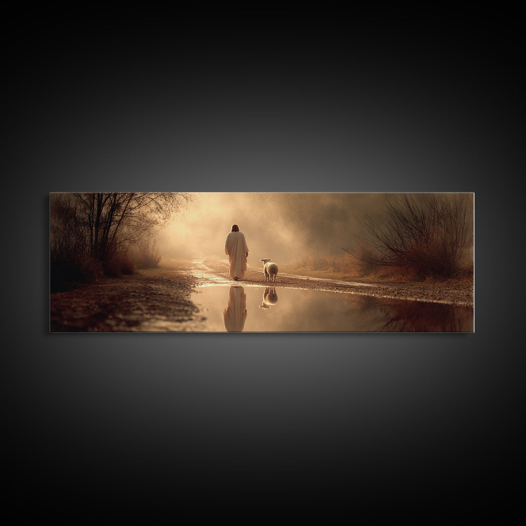 Golden Hour Shepherd, Framed Canvas Print, Christian Art Canvas, Panoramic Wall Art, Jesus Painting, Christian Christmas Art, Christian Gif