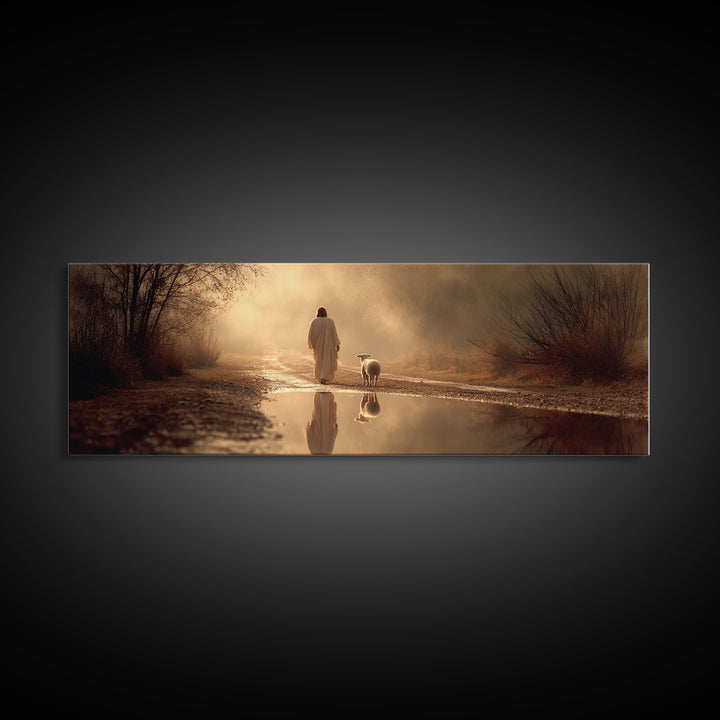 Golden Hour Shepherd, Framed Canvas Print, Christian Art Canvas, Panoramic Wall Art, Jesus Painting, Christian Christmas Art, Christian Gif