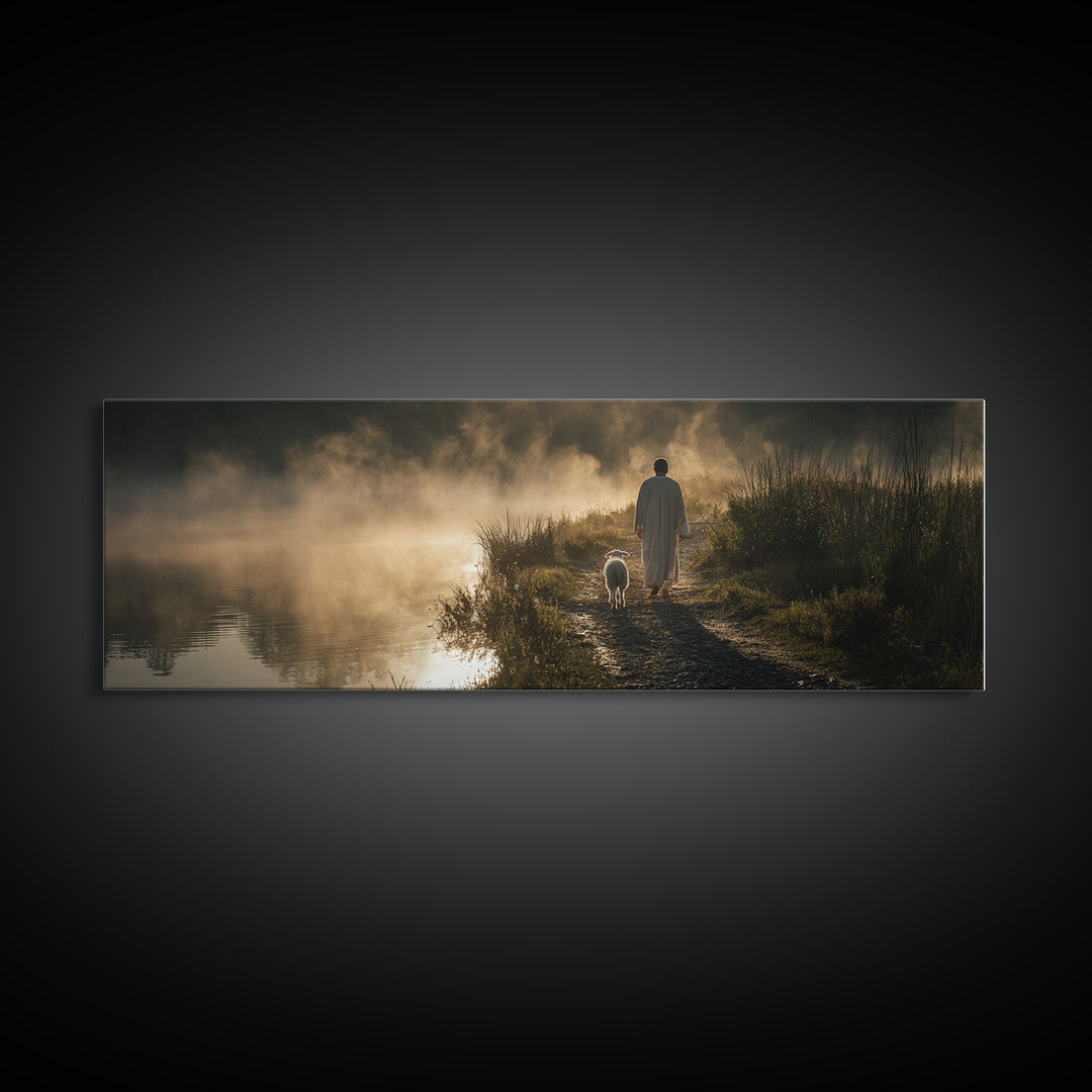 Morning Shore Peace | Framed Canvas Print | Christian Wall Art | Panoramic Print | Jesus Art Canvas | Christmas Art | Christian Art Gift