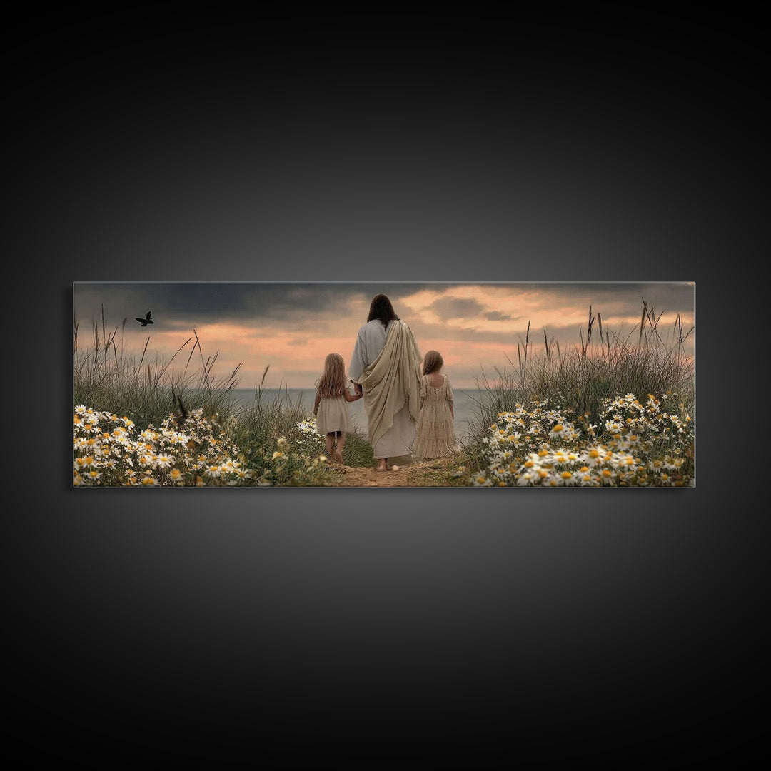 Daisies Of Peace | Framed Canvas Print | Panoramic Frame | Christian Art Canvas | Jesus Painting | Christian Wall Art | Christian Art Print