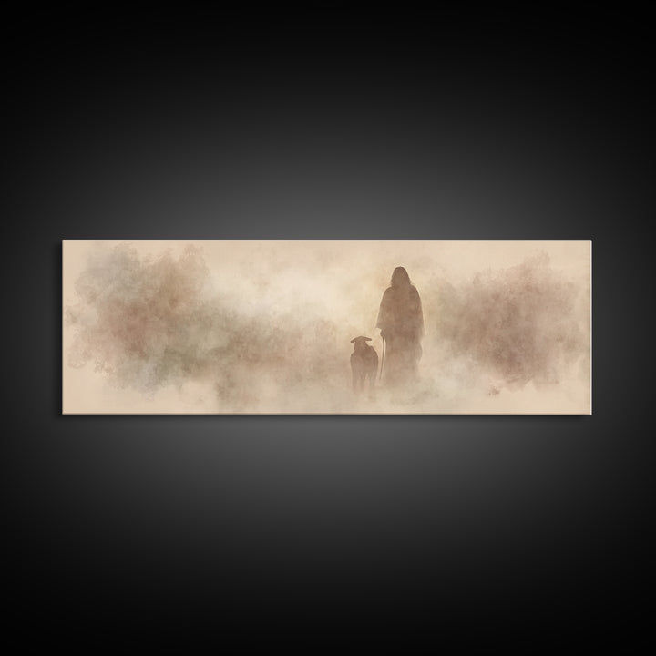 Guiding Shepherd – Framed Canvas Print – Panoramic Painting – Christian Art – Christian Canvas – Jesus Painting – Christian Decor
