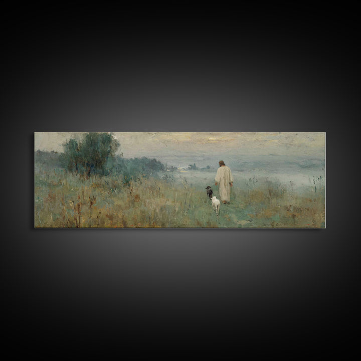 The Meadow Shepherd – Framed Canvas Print – Panoramic Art – Christian Wall Art – Jesus Painting – Christian Art Canvas – Christmas Art