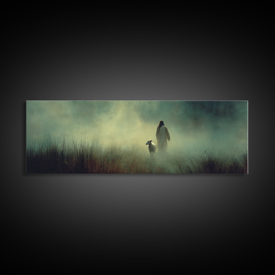 Misty Grace, Framed Canvas Print, Panoramic Painting, Christian Wall Art, Jesus Art Print, Christian Canvas Art, Subtle Christian Art