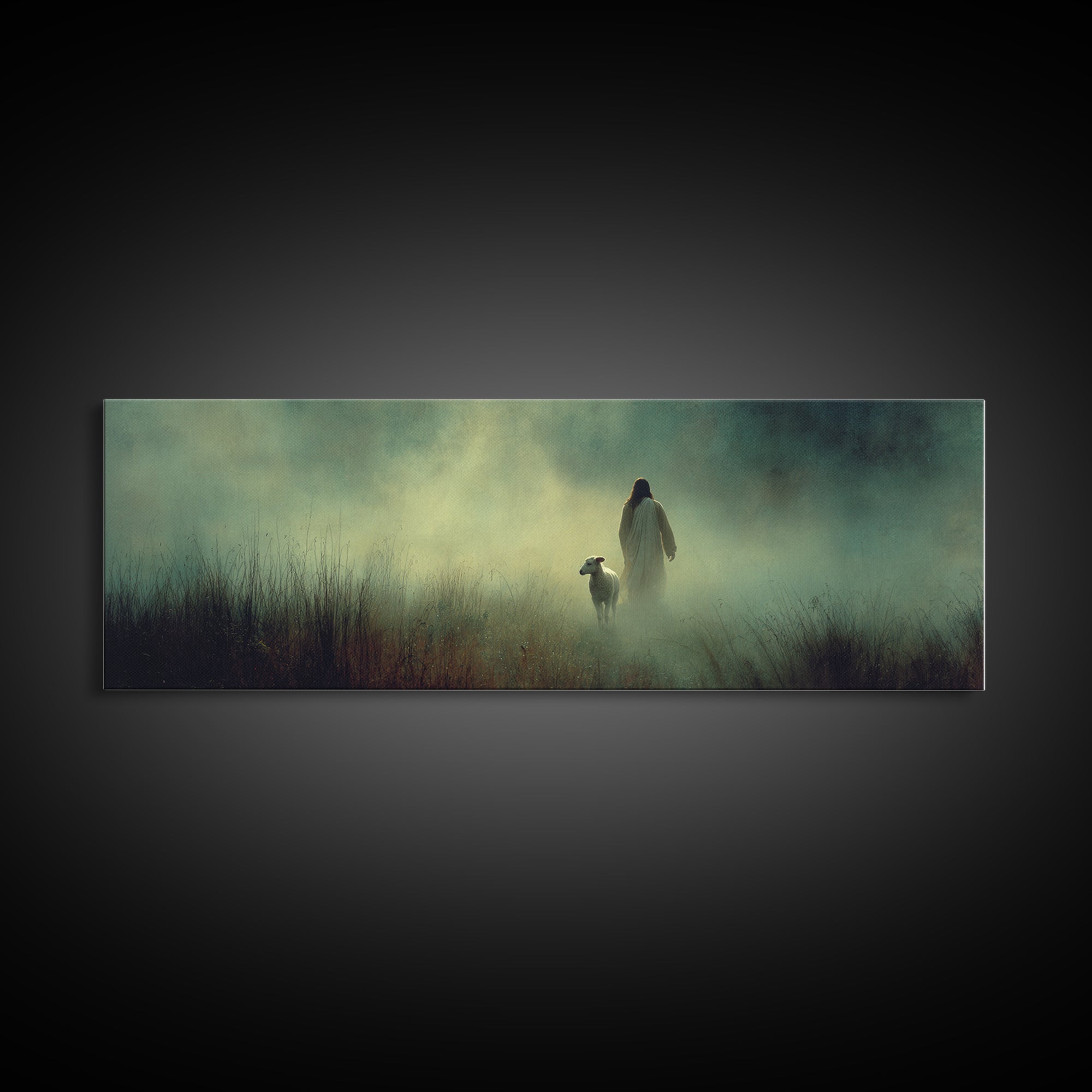 Misty Grace, Framed Canvas Print, Panoramic Painting, Christian Wall Art, Jesus Art Print, Christian Canvas Art, Subtle Christian Art