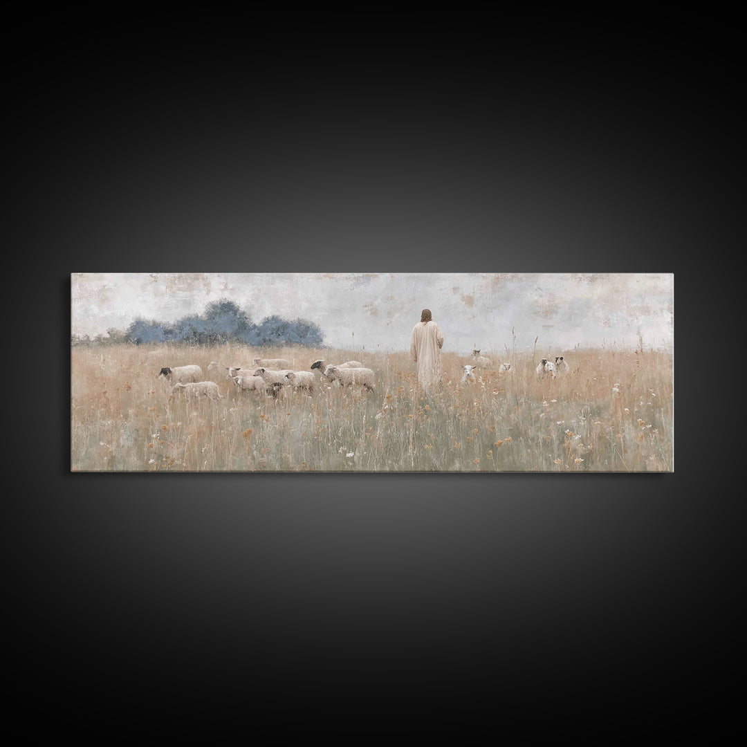 Shepherd’s Gathering, Framed Canvas Print, Panoramic Print, Christian Art Canvas, Jesus Painting, Christmas Art Prints, Large Christian Art