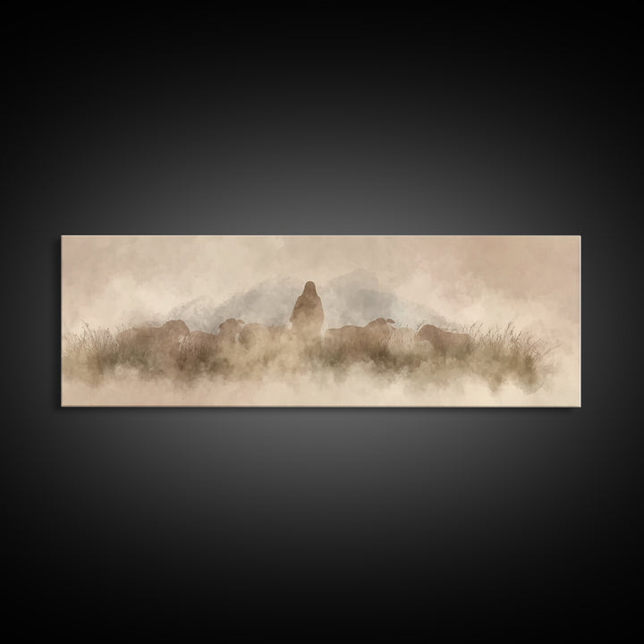 Lambkeeper’s Light – Framed Canvas Print – Panoramic Wall Art – Christian Art Painting – Jesus Canvas Art – Christian Christmas Art – Chris