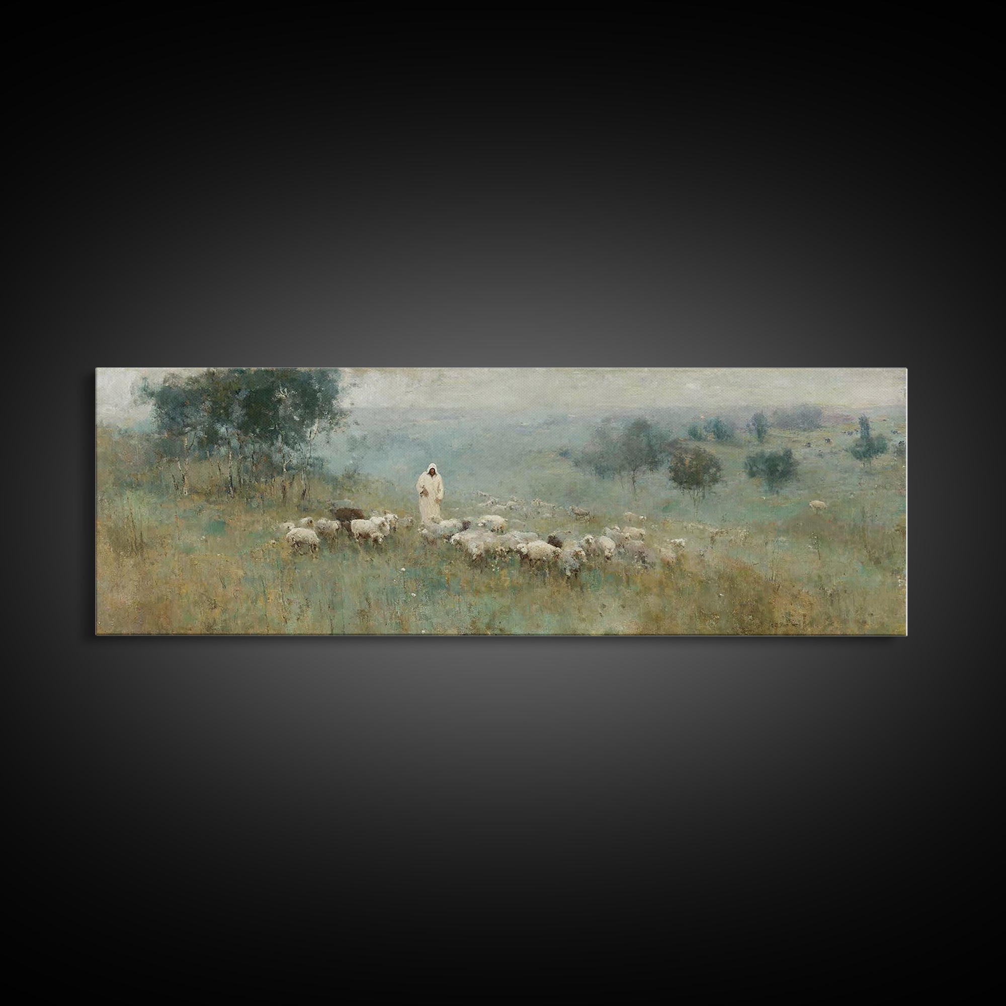Pasture Of Grace | Framed Canvas Print | Panoramic Frame | Christian Art Canvas | Jesus Painting | Christian Christmas Art | Modern Christi