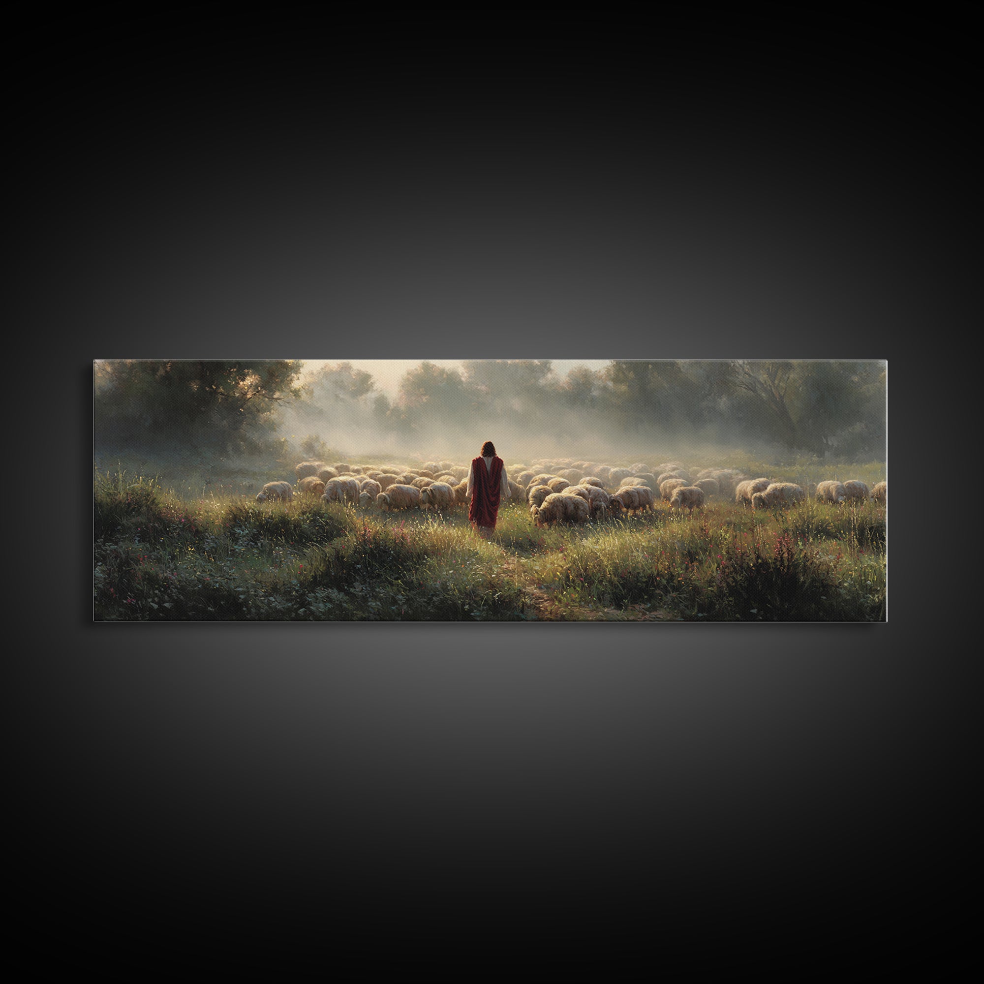 Morning Shepherd Light, Framed Canvas Print, Panoramic Wall Art, Christian Art Print, Large Jesus Painting, Christian Canvas Art, Subtle Ch