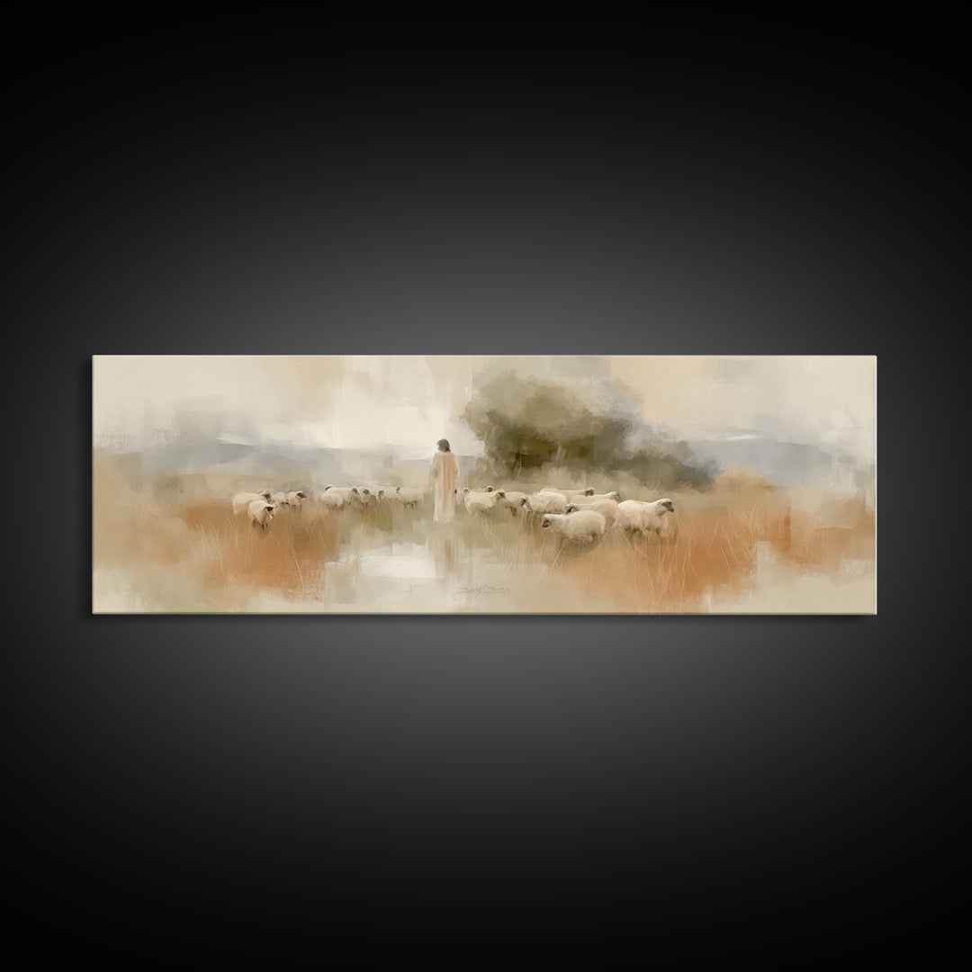 Eternal Shepherd Calm, Framed Canvas Print, Panoramic Print, Christian Art Print, Jesus Painting Canvas, Christian Christmas Art, Large Chr