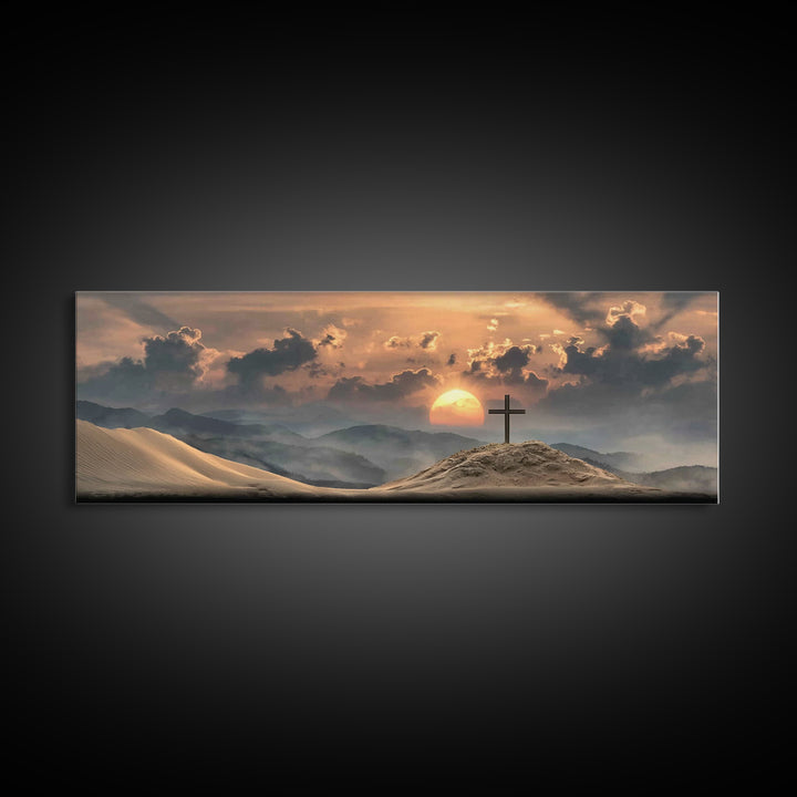 Desert Cross Dawn, Framed Canvas Print, Panoramic Wall Art, Christian Art Canvas, Christian Art Print, Modern Christian Art, Christian Deco
