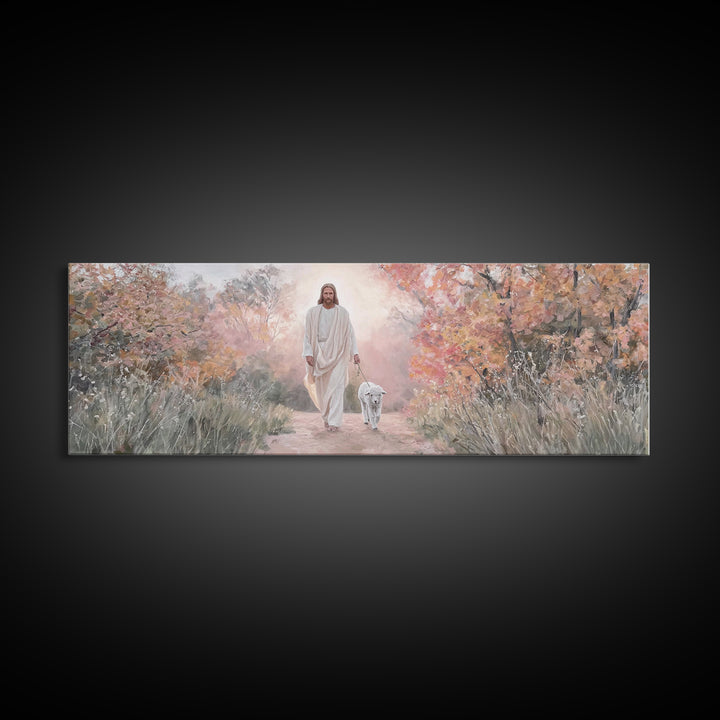 Autumn Shepherd Walk – Framed Canvas Print – Christian Art Canvas – Panoramic Wall Art – Jesus Painting – Christian Wall Art