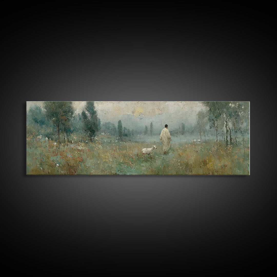 Misty Pasture Calm, Framed Canvas Print, Panoramic Art, Christian Wall Art, Jesus Painting, Christian Art Canvas