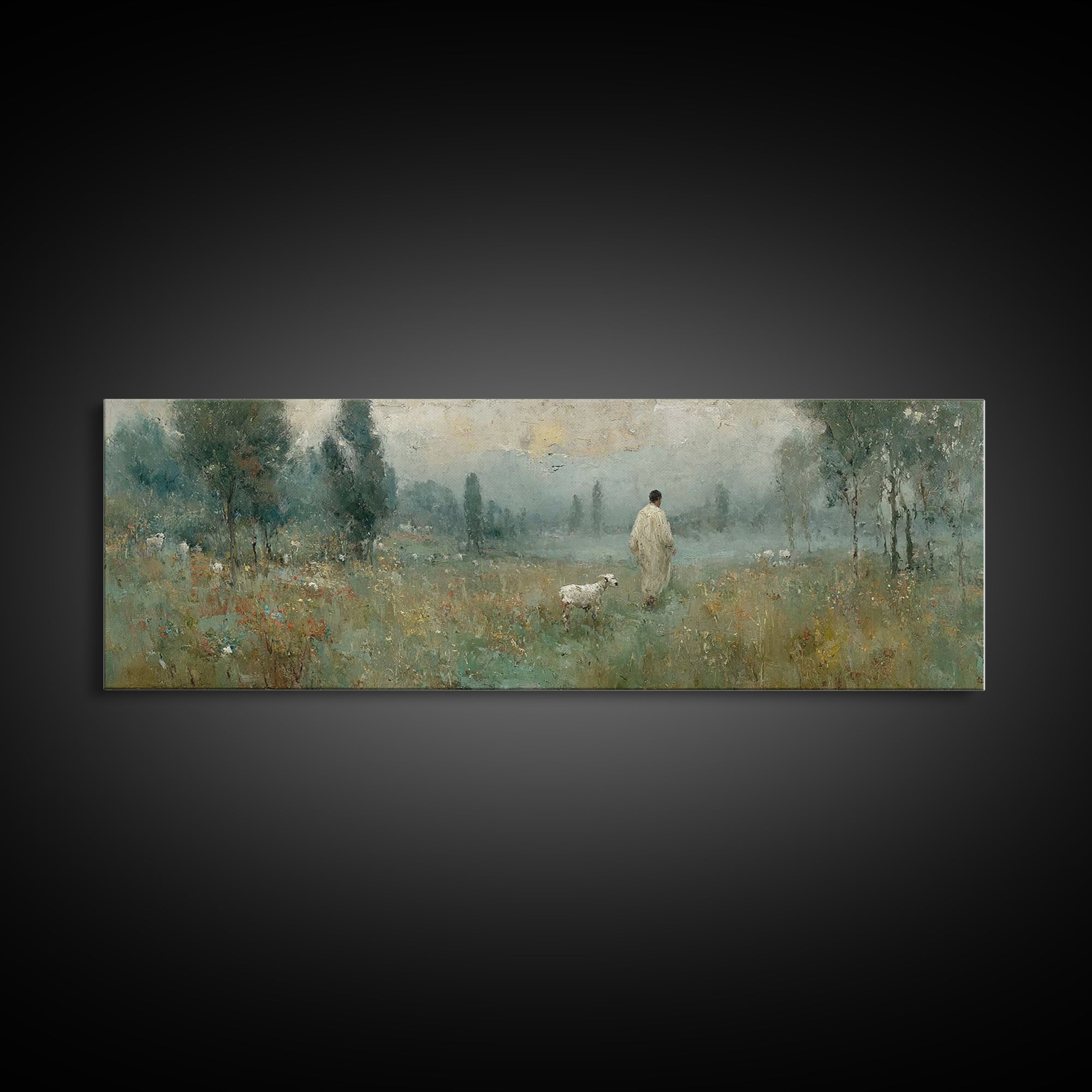 Misty Pasture Calm, Framed Canvas Print, Panoramic Art, Christian Wall Art, Jesus Painting, Christian Art Canvas