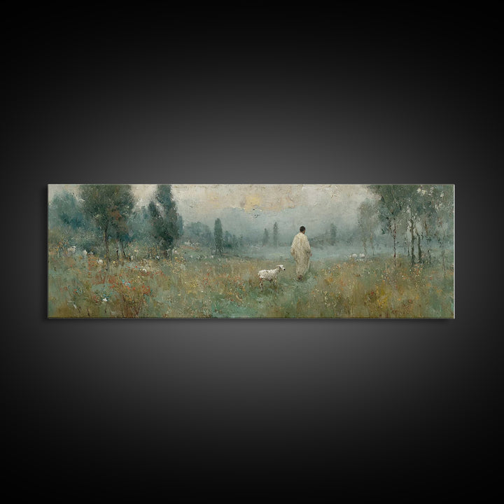 Misty Pasture Calm, Framed Canvas Print, Panoramic Art, Christian Wall Art, Jesus Painting, Christian Art Canvas