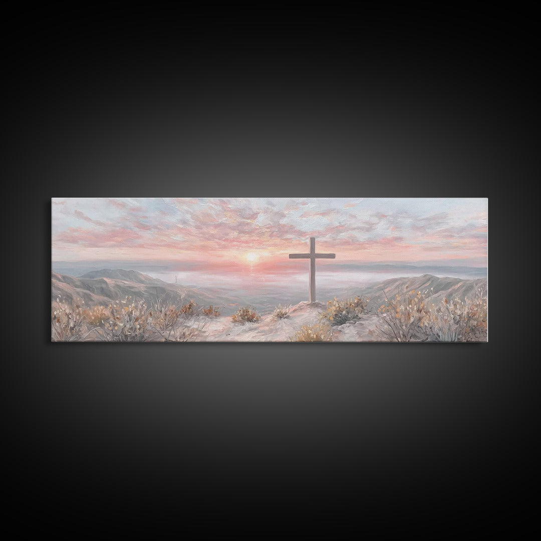 Sunrise At Calvary – Framed Canvas Print – Panoramic Painting – Christian Art Canvas – Christian Wall Art – Christian Gift Ideas – Modern C