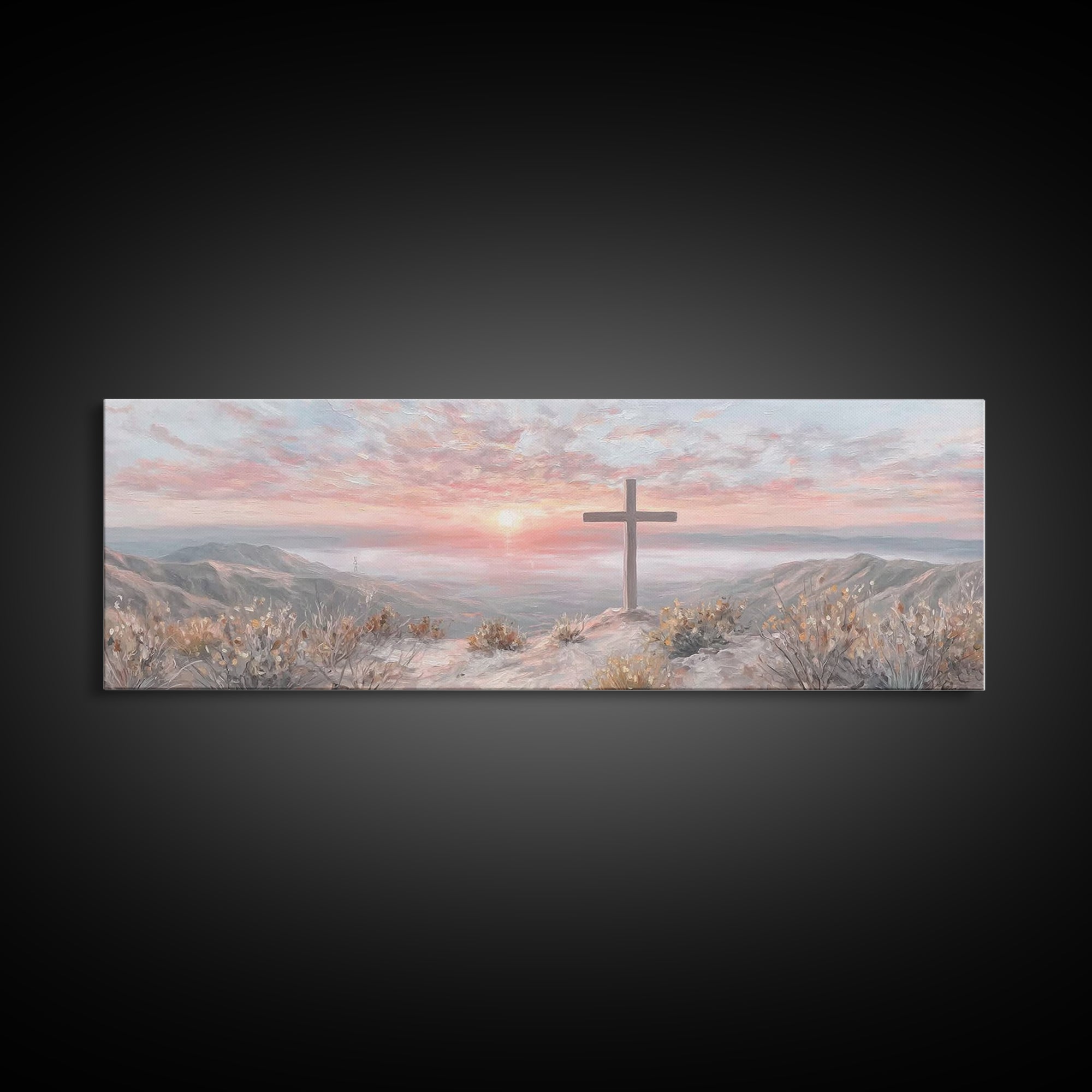 Sunrise At Calvary – Framed Canvas Print – Panoramic Painting – Christian Art Canvas – Christian Wall Art – Christian Gift Ideas – Modern C