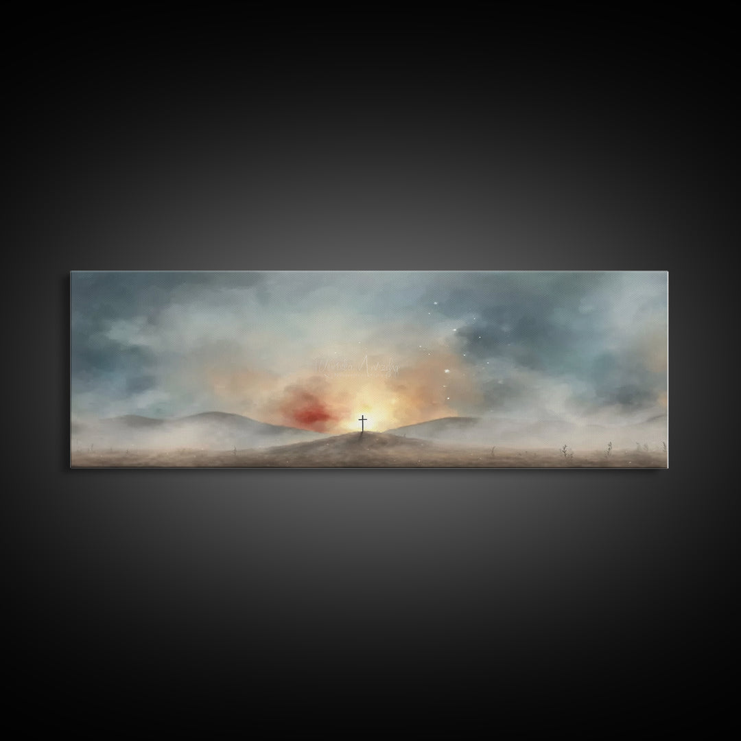 Risen Light Promise, Framed Canvas Print, Panoramic Art, Christian Wall Art, Christian Art Canvas, Blue Christian Art, Christian Art Work,