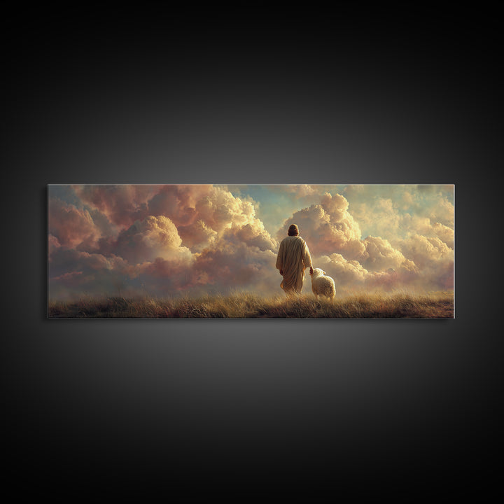Eternal Shepherd Light – Framed Canvas Print – Panoramic Art – Christian Wall Art – Jesus Painting – Christian Art Canvas – Christian Chris