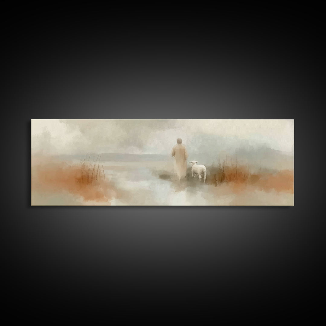 Quiet Waters Grace, Framed Canvas Print, Panoramic Frame, Christian Art Canvas, Jesus Painting, Christian Wall Art, Christian Christmas Art