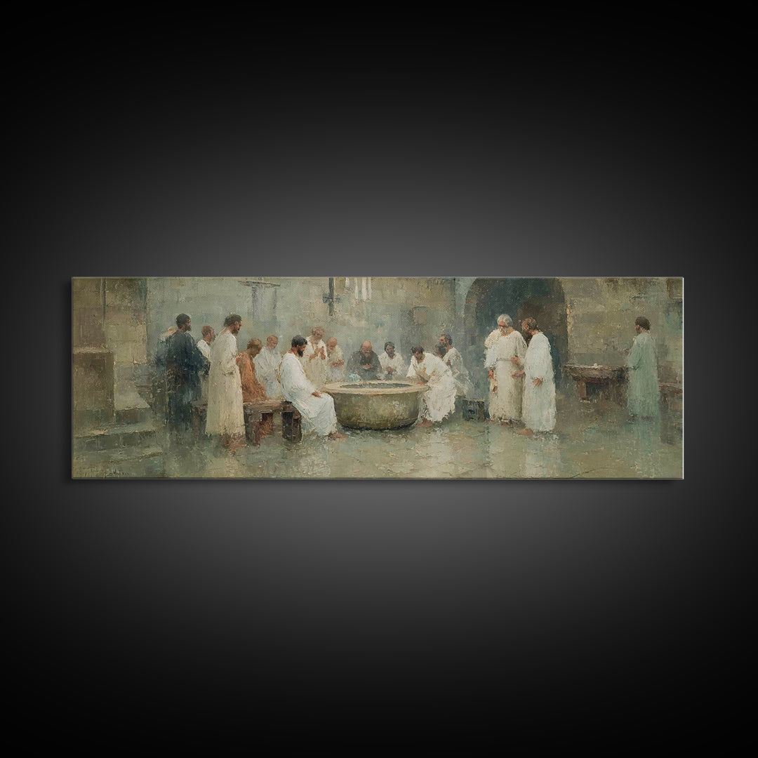 Service of Love, Framed Canvas Print, Panoramic Wall Art, Christian Art Canvas, Jesus Painting, Christian Christmas Art, Christian Decor, C