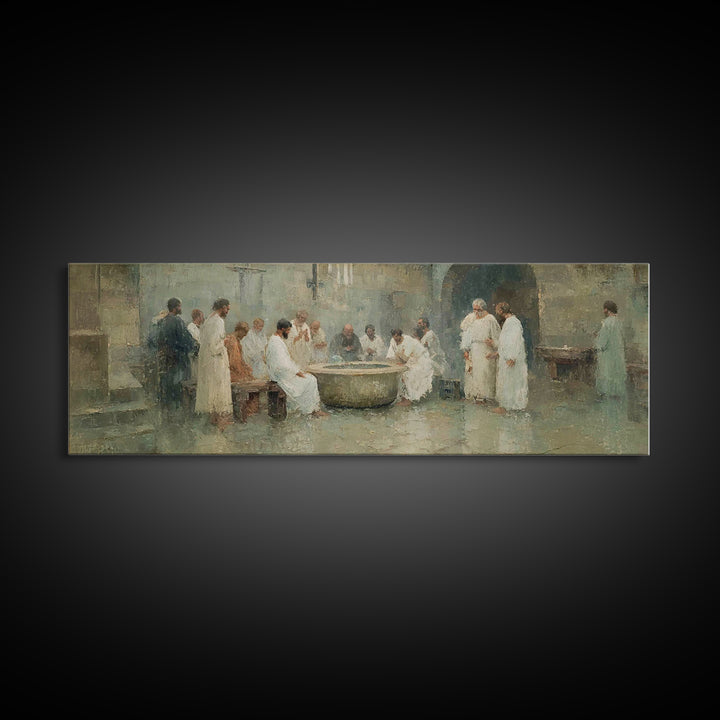 Service of Love, Framed Canvas Print, Panoramic Wall Art, Christian Art Canvas, Jesus Painting, Christian Christmas Art, Christian Decor, C