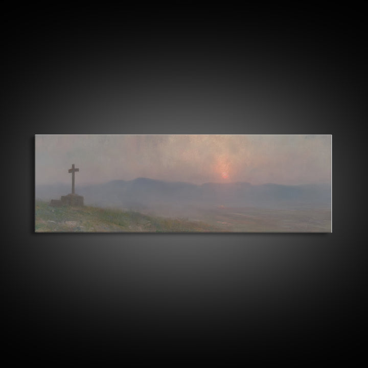Cross Of Stillness | Framed Canvas Print | Panoramic Wall Art | Christian Art Print | Christian Painting | Moody Christian Art | Christian