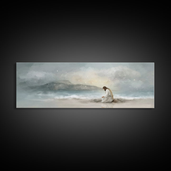 Shoreline Reverence - Framed Canvas Print - Christian Wall Art - Jesus Painting - Panoramic Art - Christian Art Canvas - Christmas Art