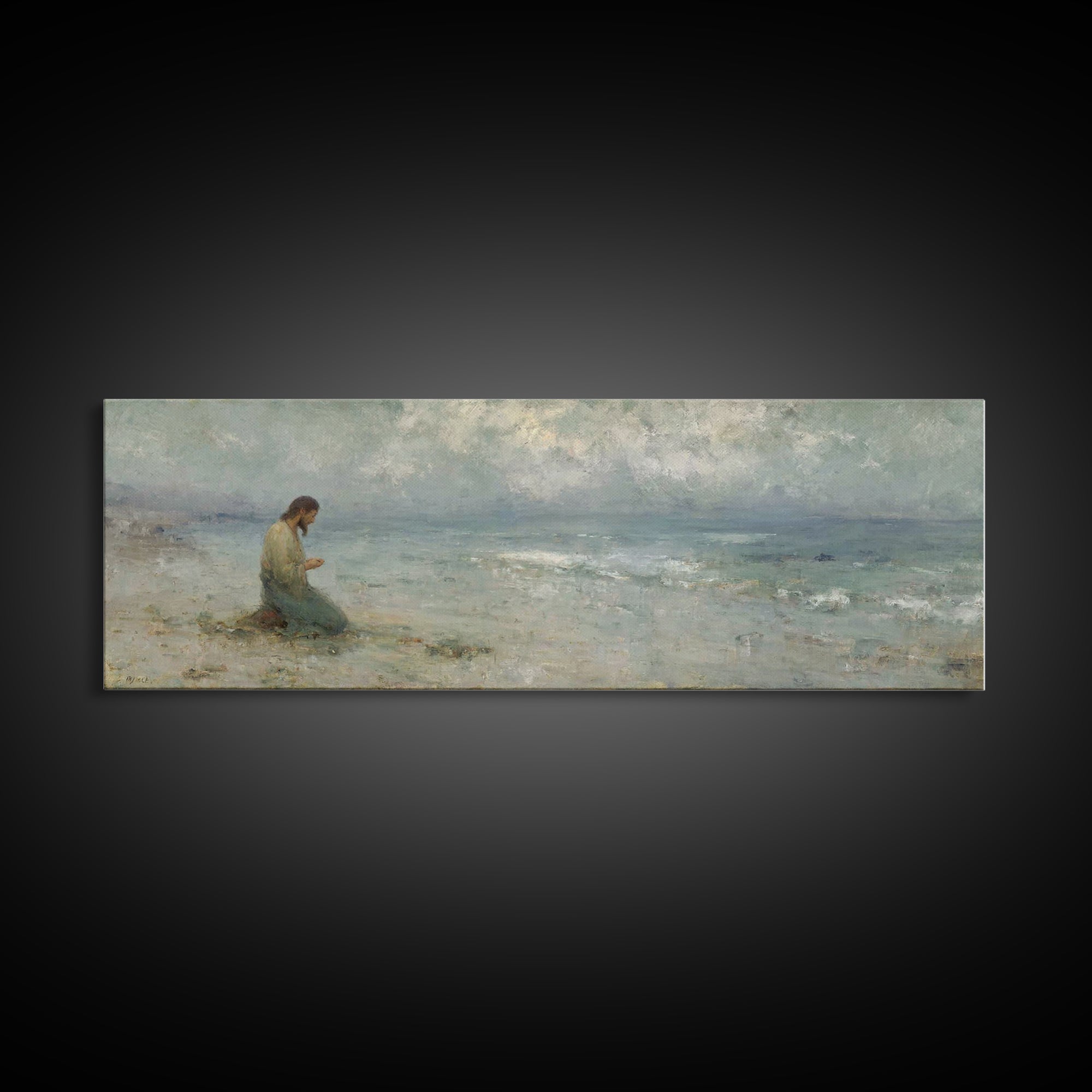 Gentle Shore Grace - Framed Canvas Print - Panoramic Frame - Christian Art Canvas - Jesus Painting - Christian Wall Art - Christmas Art