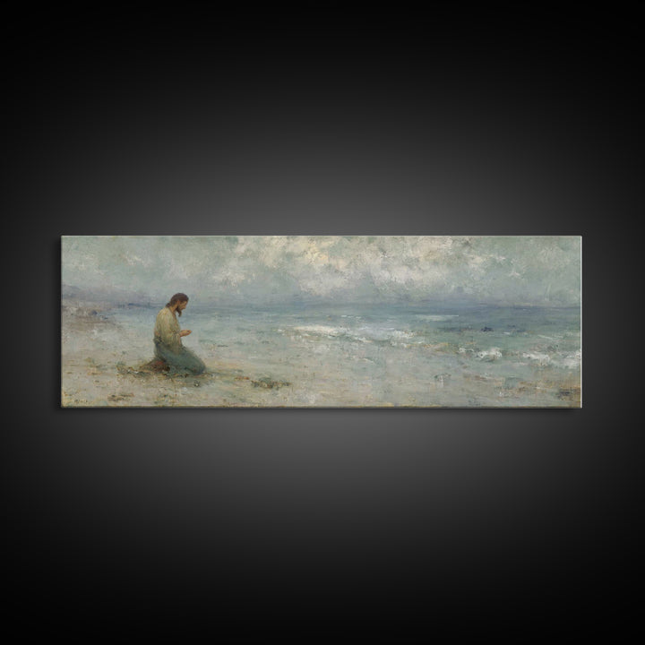 Gentle Shore Grace - Framed Canvas Print - Panoramic Frame - Christian Art Canvas - Jesus Painting - Christian Wall Art - Christmas Art