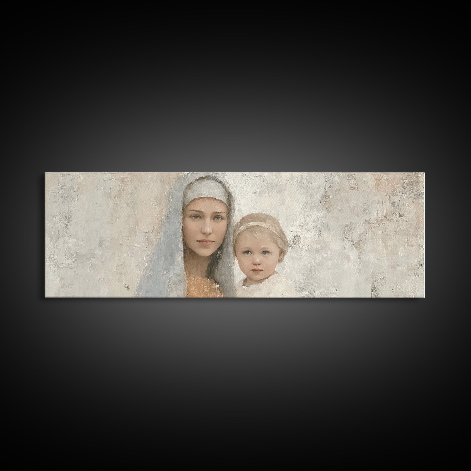 Sacred Tenderness - Framed Canvas Print - Panoramic Wall Art - Mary And Jesus Painting - Christian Art Canvas - Christian Wall Art - Christ