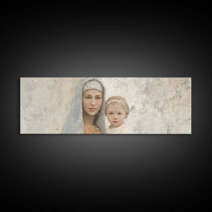 Sacred Tenderness - Framed Canvas Print - Panoramic Wall Art - Mary And Jesus Painting - Christian Art Canvas - Christian Wall Art - Christ
