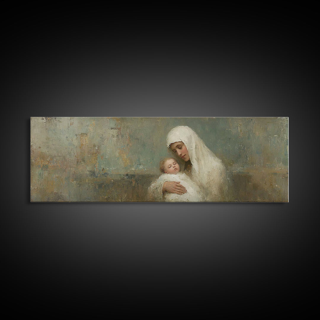 Silent Mercy Embrace - Framed Canvas Print - Panoramic Painting - Christian Wall Art - Mary And Jesus Painting - Christian Art Canvas - Chr