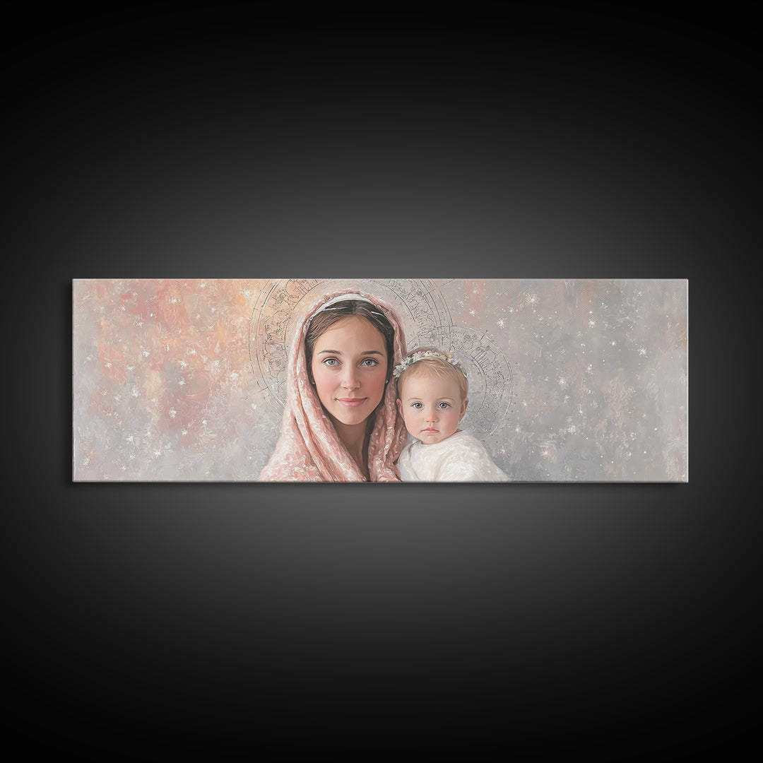 Radiant Holy Innocence | Framed Canvas Print | Panoramic Wall Art | Christian Art Canvas | Mary And Jesus Painting | Christian Christmas Ar