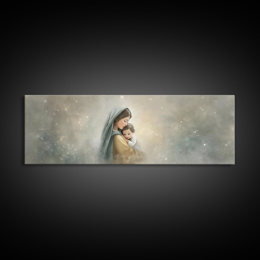 Starborn Grace Light, Framed Canvas Print, Panoramic Art, Christian Wall Art, Mary And Jesus Painting, Christian Art Canvas, Christmas Art