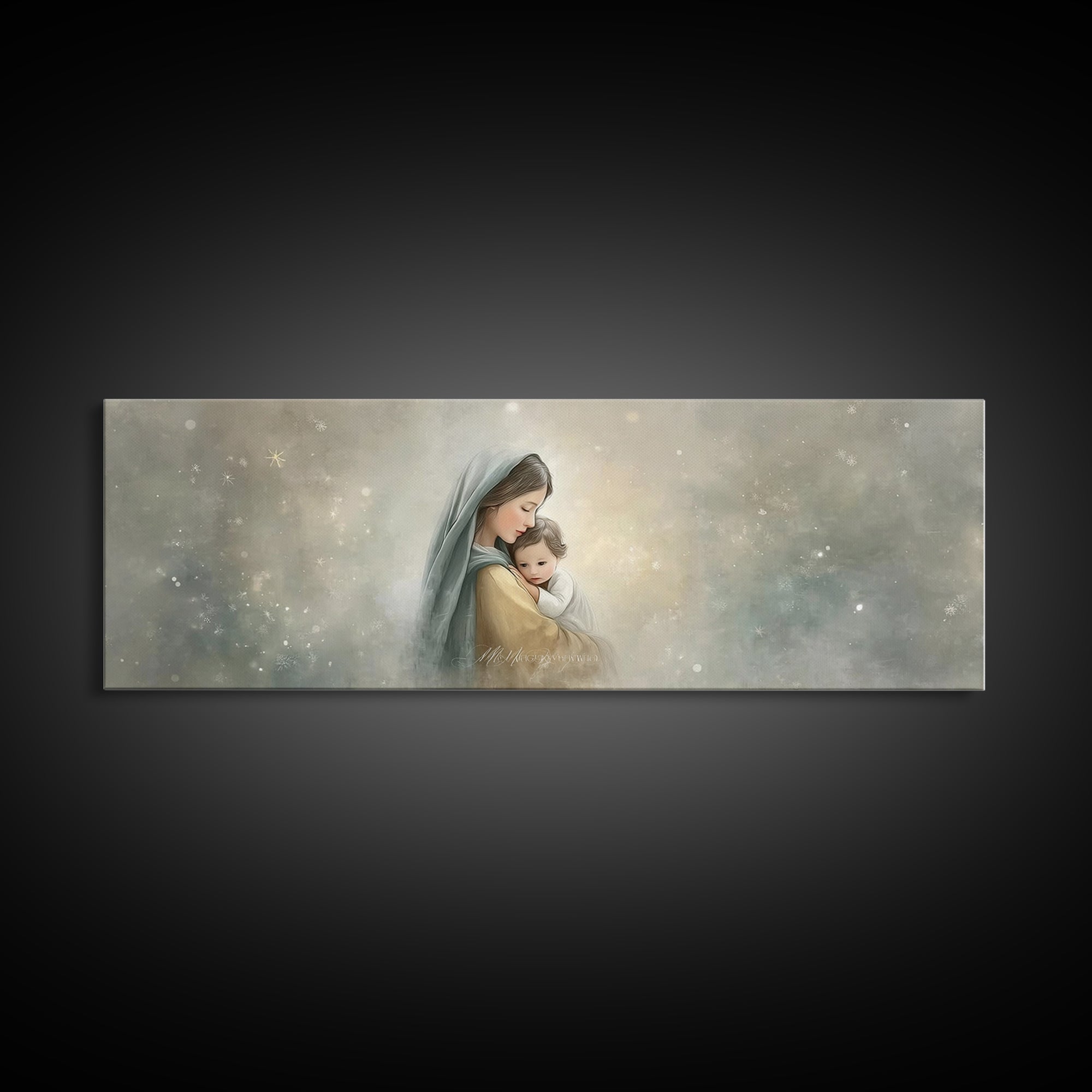 Starborn Grace Light, Framed Canvas Print, Panoramic Art, Christian Wall Art, Mary And Jesus Painting, Christian Art Canvas, Christmas Art