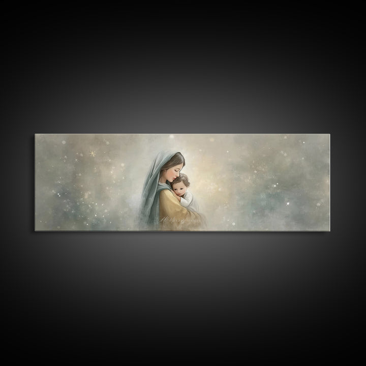 Starborn Grace Light, Framed Canvas Print, Panoramic Art, Christian Wall Art, Mary And Jesus Painting, Christian Art Canvas, Christmas Art
