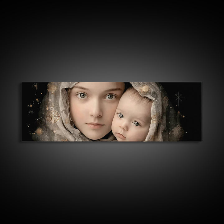Gentle Heaven’s Hold - Framed Canvas Print - Panoramic Frame - Christian Art Canvas - Mary And Jesus Painting - Christian Wall Art - Christ
