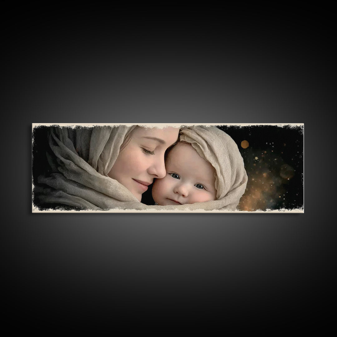 Timeless Sacred Gaze | Framed Canvas Print | Panoramic Painting | Mary And Jesus Painting | Christian Art Canvas | Christian Christmas Art